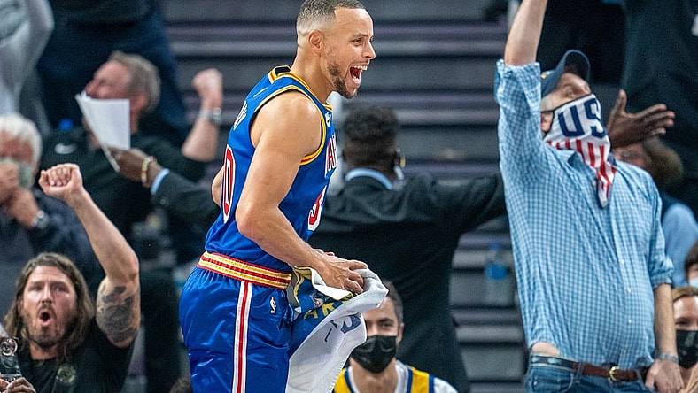 Nov 7, 2021; San Francisco, California, USA;  Golden State Warriors guard Stephen Curry (30) celebrates after Golden State Warriors forward Otto Porter Jr. (not pictured) makes another three point basket against the Houston Rockets at Chase Center. Mandatory Credit: Neville E. Guard-USA TODAY Sports