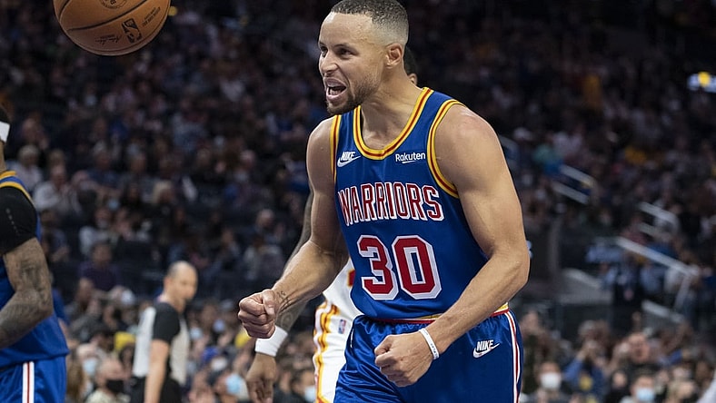 November 8, 2021; San Francisco, California, USA; Golden State Warriors guard Stephen Curry (30) celebrates against the Atlanta Hawks during the fourth quarter at Chase Center. Mandatory Credit: Kyle Terada-USA TODAY Sports