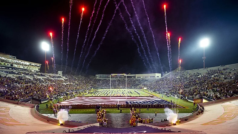 Nov 6, 2021; El Paso, Texas, USA; The UTEP marching band and color guard are seen as fireworks burst before a game between the UTEP Miners and the UTSA Roadrunners at Sun Bowl stadium. UTSA won 44-23. Mandatory Credit: Ivan Pierre Aguirre-USA TODAY Sports