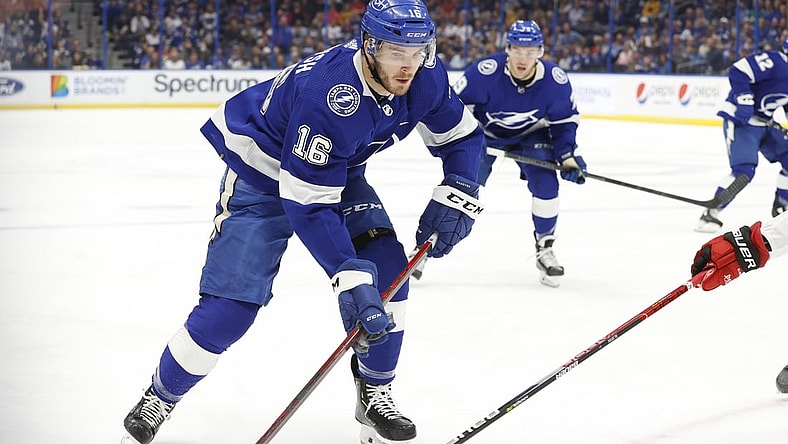 Nov 9, 2021; Tampa, Florida, USA; Tampa Bay Lightning right wing Taylor Raddysh (16) skates with the puck against the Carolina Hurricanes during the first period at Amalie Arena. Mandatory Credit: Kim Klement-USA TODAY Sports