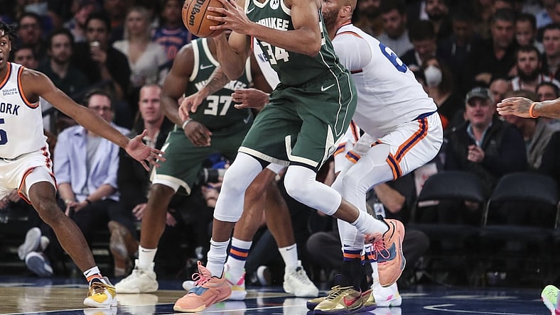 Nov 10, 2021; New York, New York, USA; Milwaukee Bucks forward Giannis Antetokounmpo (34) controls the ball in the first quarter against the New York Knicks at Madison Square Garden. Mandatory Credit: Wendell Cruz-USA TODAY Sports