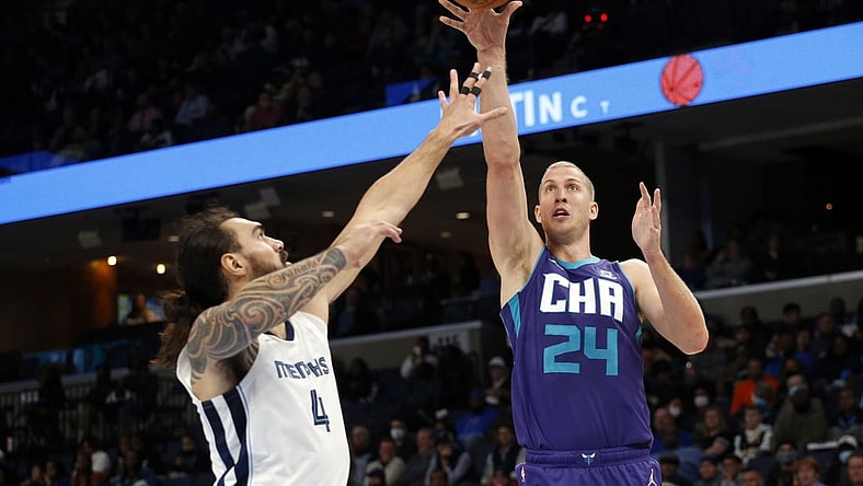 Nov 10, 2021; Memphis, Tennessee, USA; Charlotte Hornets forward Mason Plumlee (24) shoots as Memphis Grizzles center Steven Adams (4) defends during the first half at FedExForum. Mandatory Credit: Petre Thomas-USA TODAY Sports