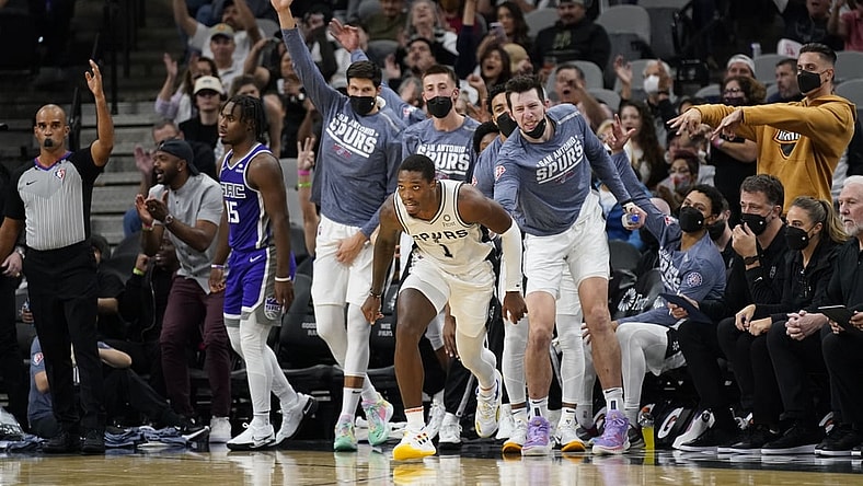Nov 10, 2021; San Antonio, Texas, USA; San Antonio Spurs bench reacts after guard Lonnie Walker IV (1) scores a three-point basket during the first half against the Sacramento Kings at AT&T Center. Mandatory Credit: Scott Wachter-USA TODAY Sports