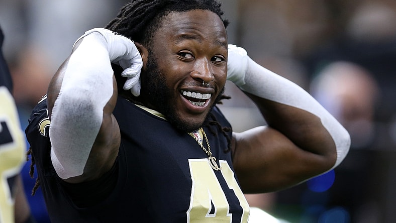 Nov 7, 2021; New Orleans, Louisiana, USA; New Orleans Saints running back Alvin Kamara (41) during the first quarter against the Atlanta Falcons at the Caesars Superdome. Mandatory Credit: Chuck Cook-USA TODAY Sports