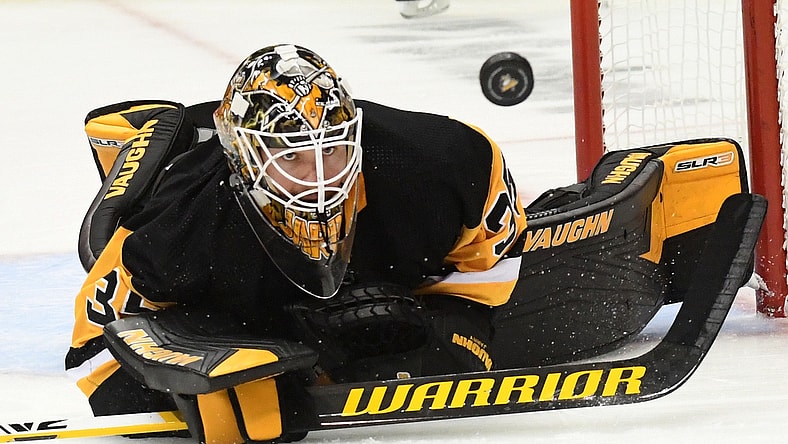 Nov 11, 2021; Pittsburgh, Pennsylvania, USA;  Pittsburgh Penguins goalie Tristan Jarry (35) makes a save against the Florida Panthers during the second period at PPG Paints Arena. Mandatory Credit: Philip G. Pavely-USA TODAY Sports