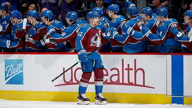 Nov 11, 2021; Denver, Colorado, USA; Colorado Avalanche left wing Gabriel Landeskog (92) celebrates with the bench after his goal in the first period against the Vancouver Canucks at Ball Arena. Mandatory Credit: Isaiah J. Downing-USA TODAY Sports
