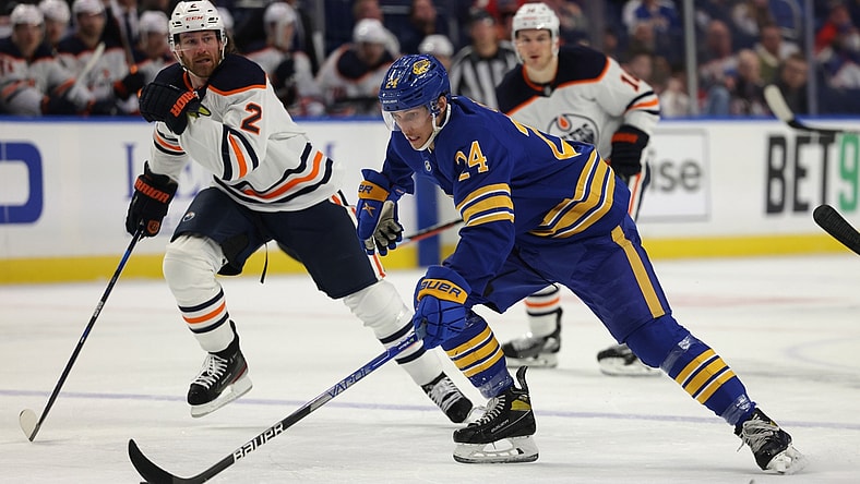 Nov 12, 2021; Buffalo, New York, USA;  Buffalo Sabres center Dylan Cozens (24) skates in on goal during the second period against the Edmonton Oilers at KeyBank Center. Mandatory Credit: Timothy T. Ludwig-USA TODAY Sports