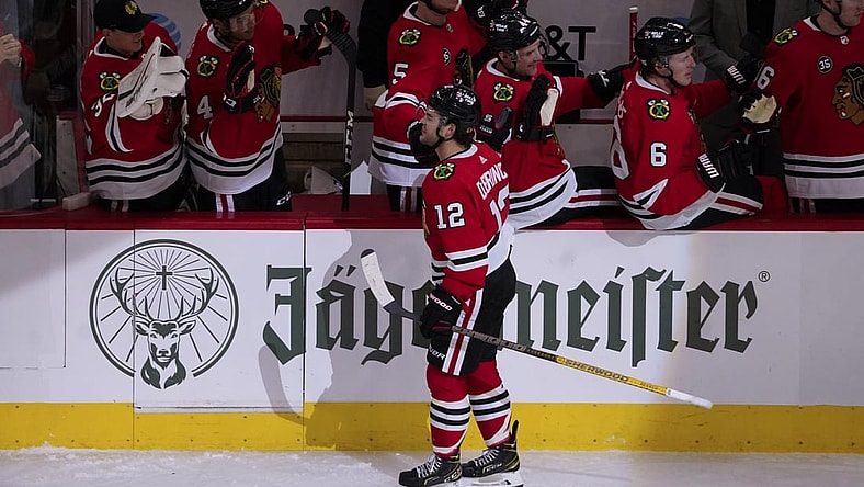Nov 12, 2021; Chicago, Illinois, USA; Chicago Blackhawks left wing Alex DeBrincat (12) celebrates his goal against the Arizona Coyotes during the second period at United Center. Mandatory Credit: David Banks-USA TODAY Sports