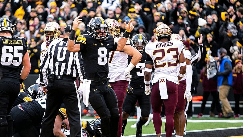 Iowa quarterback Alex Padilla (8) celebrates after scoring a touchdown during a NCAA Big Ten Conference football game against Minnesota, Saturday, Nov. 13, 2021, at Kinnick Stadium in Iowa City, Iowa.

211113 Minn Iowa Fb 019 Jpg