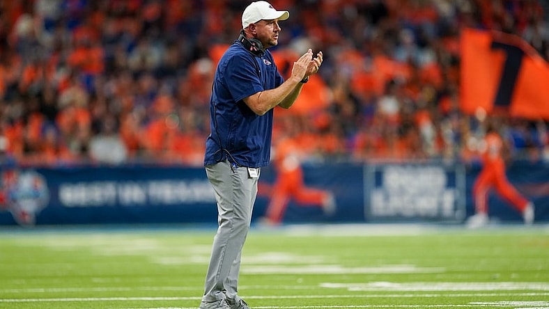 Nov 13, 2021; San Antonio, Texas, USA;  UTSA Roadrunners head coach Jeff Traylor looks on in the second half against the Southern Miss Golden Eagles at the Alamodome. Mandatory Credit: Daniel Dunn-USA TODAY Sports