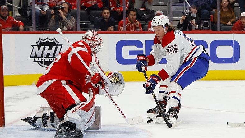 Nov 13, 2021; Detroit, Michigan, USA;  Detroit Red Wings goaltender Alex Nedeljkovic (39) makes a save on Montreal Canadiens left wing Michael Pezzetta (55) in the first period at Little Caesars Arena. Mandatory Credit: Rick Osentoski-USA TODAY Sports
