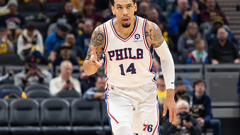 Nov 13, 2021; Indianapolis, Indiana, USA; Philadelphia 76ers forward Danny Green (14) celebrates a made basket in the first half against the Indiana Pacers at Gainbridge Fieldhouse. Mandatory Credit: Trevor Ruszkowski-USA TODAY Sports