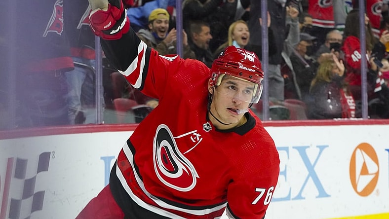 Nov 13, 2021; Raleigh, North Carolina, USA; Carolina Hurricanes defenseman Brady Skjei (76) celebrates after scoring a first period goal against the St. Louis Blues at PNC Arena. Mandatory Credit: James Guillory-USA TODAY Sports