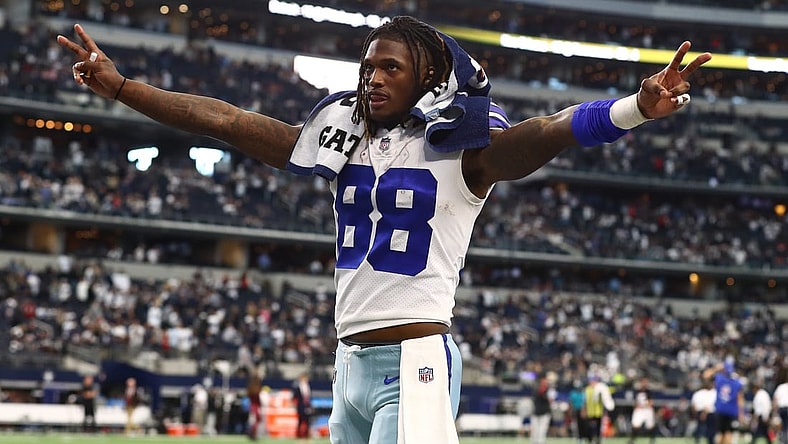 Nov 14, 2021; Arlington, Texas, USA; Dallas Cowboys receiver CeeDee Lamb (88) celebrates after a victory against the Atlanta Falcons at AT&T Stadium. Mandatory Credit: Matthew Emmons-USA TODAY Sports