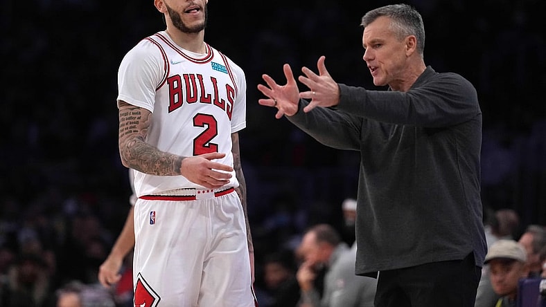 Nov 15, 2021; Los Angeles, California, USA; Chicago Bulls guard Lonzo Ball (2) and coach Billy Donovan react  in the second half against the Los Angeles Lakers at Staples Center. The Bulls defeated the Lakers 121-103.  Mandatory Credit: Kirby Lee-USA TODAY Sports