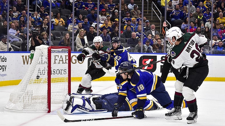 Nov 16, 2021; St. Louis, Missouri, USA;  Arizona Coyotes center Barrett Hayton (29) shoots and scores against St. Louis Blues goaltender Jordan Binnington (50) during the second period at Enterprise Center. Mandatory Credit: Jeff Curry-USA TODAY Sports