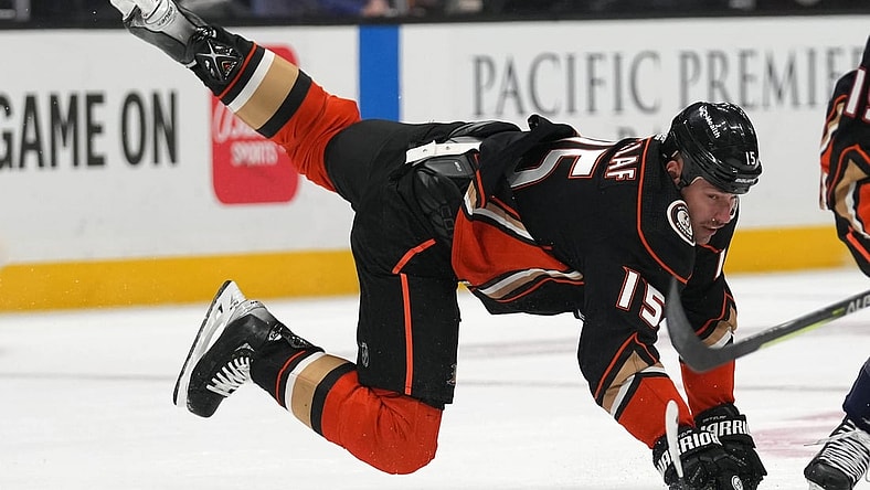 Nov 16, 2021; Anaheim, California, USA; Anaheim Ducks center Ryan Getzlaf (15) in the first period against the Washington Capitals at Honda Center. Mandatory Credit: Kirby Lee-USA TODAY Sports