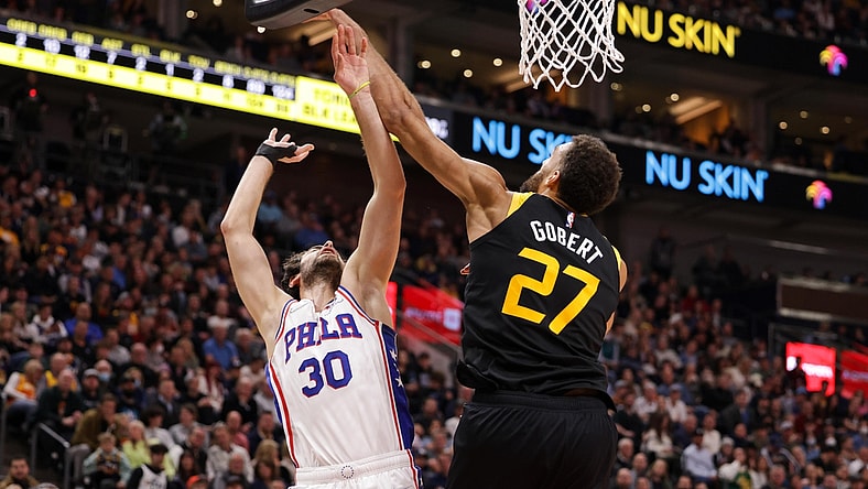 Nov 16, 2021; Salt Lake City, Utah, USA;  Utah Jazz center Rudy Gobert (27) blocks the shot of Philadelphia 76ers guard Furkan Korkmaz (30) during the second quarter at Vivint Arena. Mandatory Credit: Chris Nicoll-USA TODAY Sports
