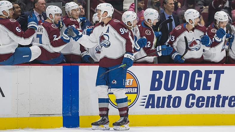 Nov 17, 2021; Vancouver, British Columbia, CAN; Colorado Avalanche forward Mikko Rantanen (96) celebrates his goal against the Vancouver Canucks in the first period at Rogers Arena. Mandatory Credit: Bob Frid-USA TODAY Sports