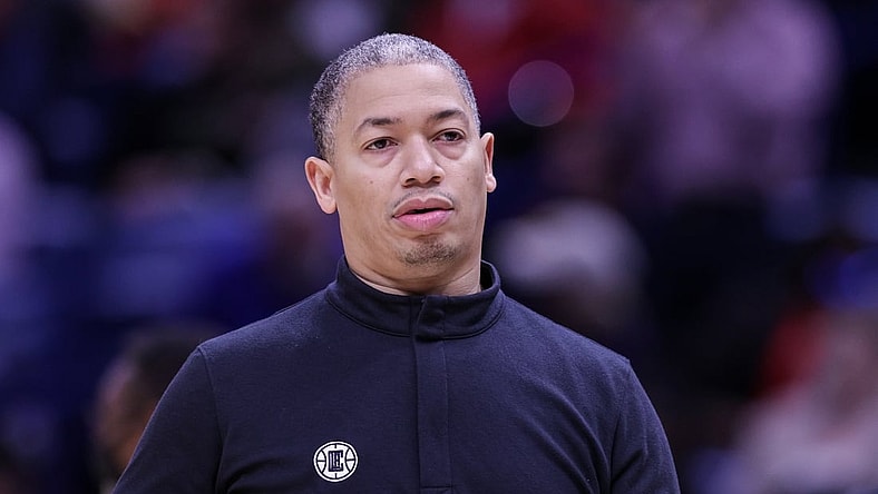 Nov 19, 2021; New Orleans, Louisiana, USA;  LA Clippers head coach Tyronn Lue looks on against New Orleans Pelicans during the second half at Smoothie King Center. Mandatory Credit: Stephen Lew-USA TODAY Sports