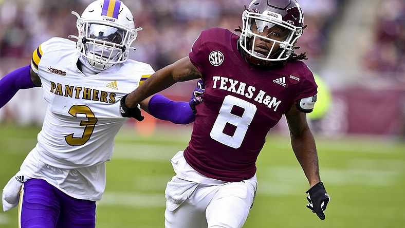 Nov 20, 2021; College Station, Texas, USA;  Texas A&M Aggies wide receiver Yulkeith Brown (8) runs down field during the second quarter against the Prairie View Am Panthers at Kyle Field. Mandatory Credit: Maria Lysaker-USA TODAY Sports