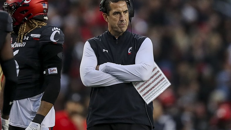 Nov 20, 2021; Cincinnati, Ohio, USA; Cincinnati Bearcats head coach Luke Fickell during the first half against the Southern Methodist Mustangs at Nippert Stadium. Mandatory Credit: Katie Stratman-USA TODAY Sports