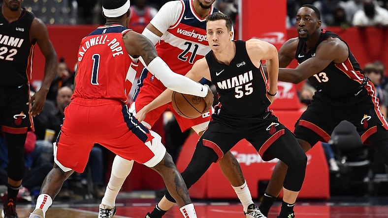 Nov 20, 2021; Washington, District of Columbia, USA; Miami Heat guard Duncan Robinson (55) defends Washington Wizards guard Kentavious Caldwell-Pope (1) during the first half at Capital One Arena. Mandatory Credit: Brad Mills-USA TODAY Sports