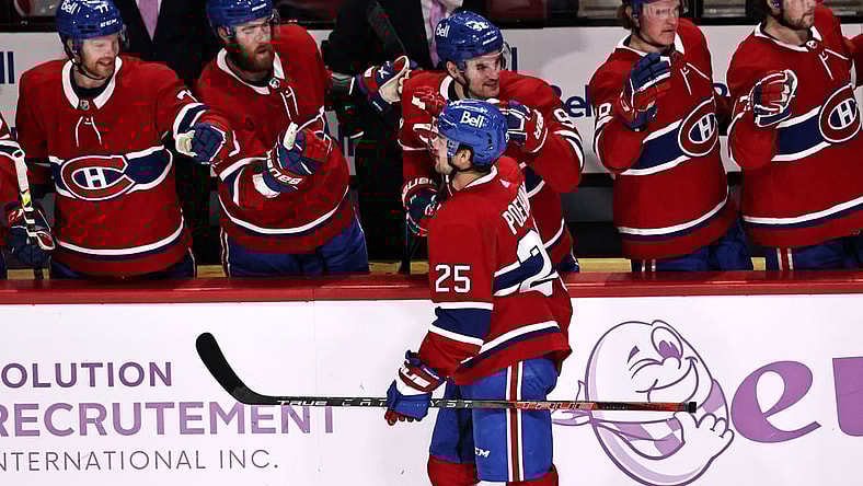 Nov 20, 2021; Montreal, Quebec, CAN; Montreal Canadiens center Ryan Poehling (25) celebrates his goal against Nashville Predators with teammates during the second period at Bell Centre. Mandatory Credit: Jean-Yves Ahern-USA TODAY Sports