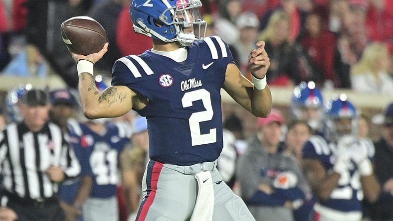Nov 20, 2021; Oxford, Mississippi, USA; Mississippi Rebels quarterback Matt Corral (2) makes a pass against the Vanderbilt Commodores during the first quarter at Vaught-Hemingway Stadium. Mandatory Credit: Matt Bush-USA TODAY Sports