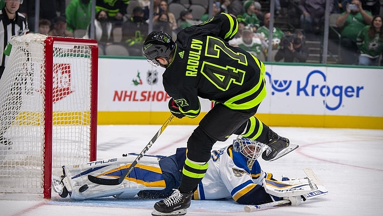 Nov 20, 2021; Dallas, Texas, USA; St. Louis Blues goaltender Jordan Binnington (50) makes a pad save on a penalty shot by Dallas Stars right wing Alexander Radulov (47) during the second period at the American Airlines Center. Mandatory Credit: Jerome Miron-USA TODAY Sports