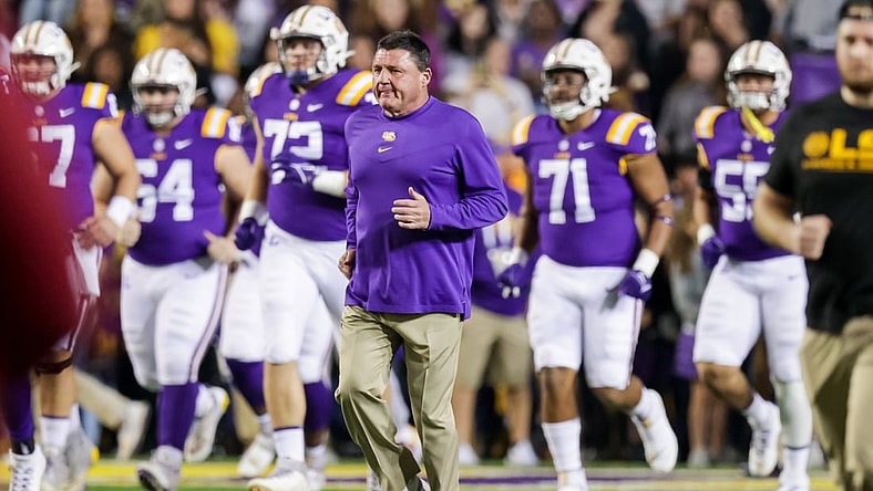 Nov 20, 2021; Baton Rouge, Louisiana, USA;  LSU Tigers head coach Ed Orgeron looks on against Louisiana Monroe Warhawks during the first half at Tiger Stadium. Mandatory Credit: Stephen Lew-USA TODAY Sports