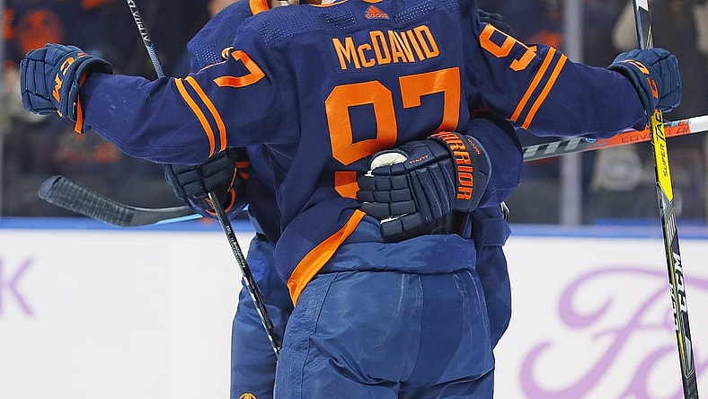 Nov 20, 2021; Edmonton, Alberta, CAN; Edmonton Oilers forward Connor McDavid (97) celebrates after a first period goal against the Chicago Blackhawks at Rogers Place. Mandatory Credit: Perry Nelson-USA TODAY Sports