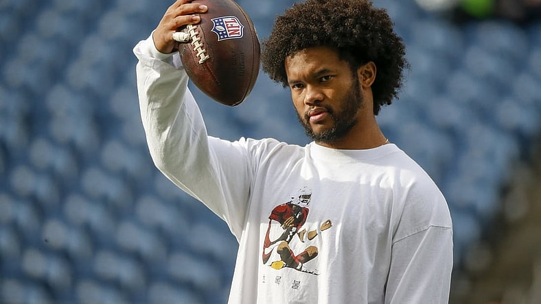 Nov 21, 2021; Seattle, Washington, USA; Arizona Cardinals quarterback Kyler Murray (1) plays catch during pregame warmups against the Seattle Seahawks at Lumen Field. Mandatory Credit: Joe Nicholson-USA TODAY Sports