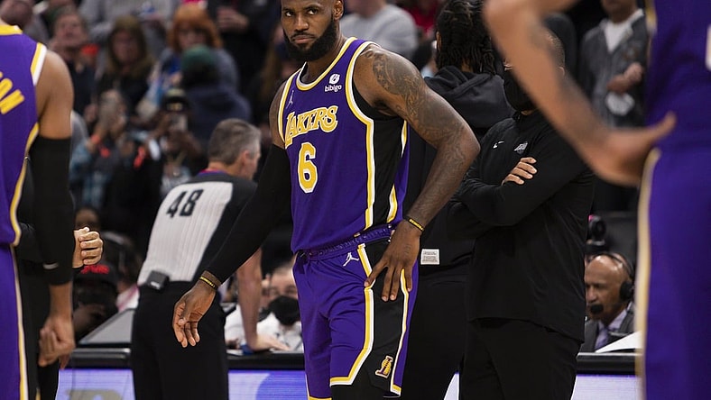 Nov 21, 2021; Detroit, Michigan, USA; Los Angeles Lakers forward LeBron James (6) reacts after getting ejected from the game during the third quarter against the Detroit Pistons at Little Caesars Arena. Mandatory Credit: Raj Mehta-USA TODAY Sports