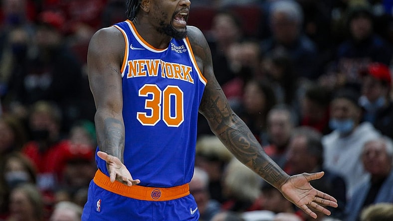 Nov 21, 2021; Chicago, Illinois, USA; New York Knicks forward Julius Randle (30) reacts after being called for a foul against the Chicago Bulls during the first quarter at United Center. Mandatory Credit: Jon Durr-USA TODAY Sports