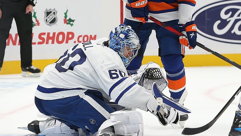 Nov 21, 2021; Elmont, New York, USA; Toronto Maple Leafs goaltender Joseph Woll (60) makes a kick save against New York Islanders during the second period at UBS Arena. Mandatory Credit: Tom Horak-USA TODAY Sports