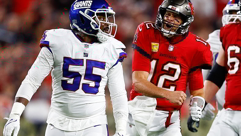 Nov 22, 2021; Tampa, Florida, USA; Tampa Bay Buccaneers quarterback Tom Brady (12) reacts alert a run in the first half against the New York Giants at Raymond James Stadium. Mandatory Credit: Nathan Ray Seebeck-USA TODAY Sports