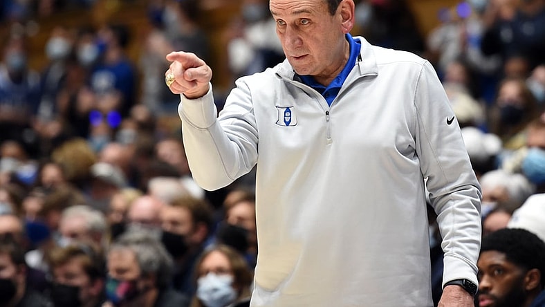 Nov 22, 2021; Durham, North Carolina, USA; Duke Blue Devils head coach Mike Krzyzewski gestures during the second half against The Citadel Bulldogs at Cameron Indoor Stadium. Mandatory Credit: Rob Kinnan-USA TODAY Sports
