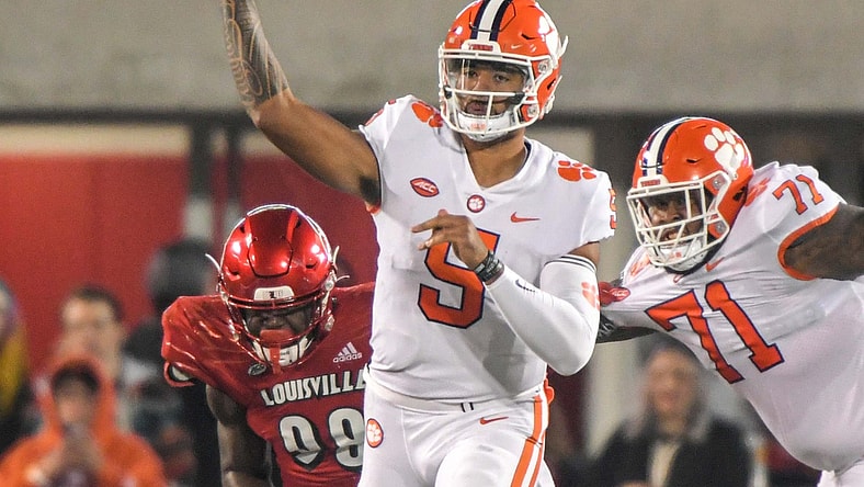 Clemson quarterback D.J. Uiagalelei (5) throws during the third quarter at Cardinal Stadium in Louisville, Kentucky Saturday, November 6, 2021.

Ncaa Football Clemson At Louisville