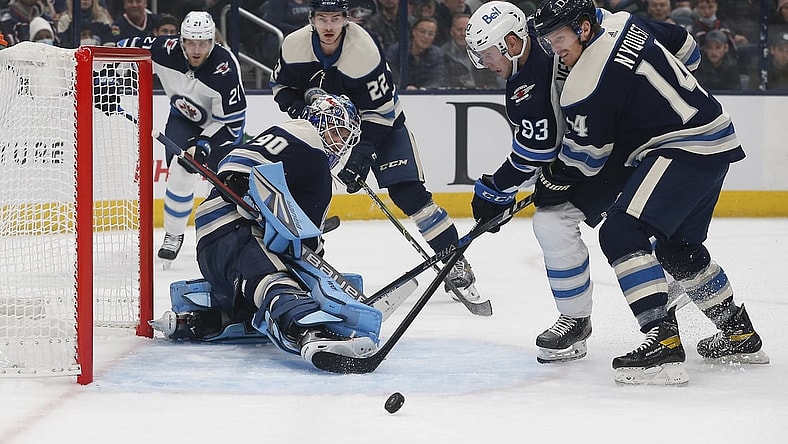 Nov 24, 2021; Columbus, Ohio, USA; Columbus Blue Jackets center Gustav Nyquist (14) keeps Winnipeg Jets left wing Kristian Vesalainen (93) from shooting a rebound of a goalie Elvis Merzlikins (90) save during the first period at Nationwide Arena. Mandatory Credit: Russell LaBounty-USA TODAY Sports