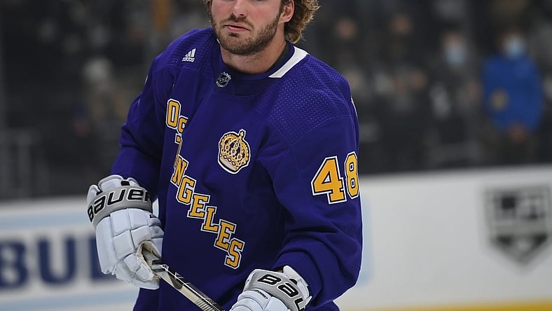 Nov 24, 2021; Los Angeles, California, USA; Los Angeles Kings left wing Brendan Lemieux (48) warms up before the game against the Toronto Maple Leafs at Staples Center. Mandatory Credit: Jayne Kamin-Oncea-USA TODAY Sports