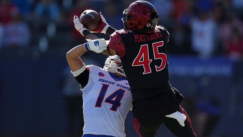 Nov 26, 2021; Carson, California, USA; San Diego State Aztecs wide receiver Jesse Matthews (45) is defended by Boise State Broncos cornerback Kaonohi Kaniho (14) in the first half at Dignity Health Sports Park. Mandatory Credit: Kirby Lee-USA TODAY Sports