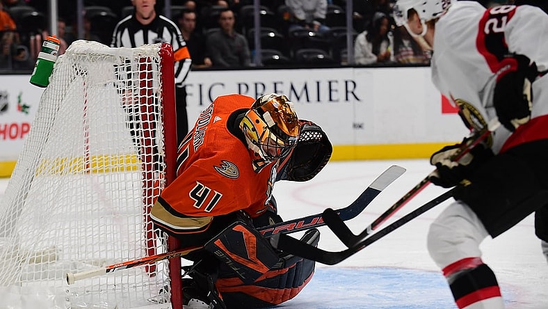 Nov 26, 2021; Anaheim, California, USA; Anaheim Ducks goaltender Anthony Stolarz (41) defends the goal against Ottawa Senators right wing Connor Brown (28) during the second period at Honda Center. Mandatory Credit: Gary A. Vasquez-USA TODAY Sports