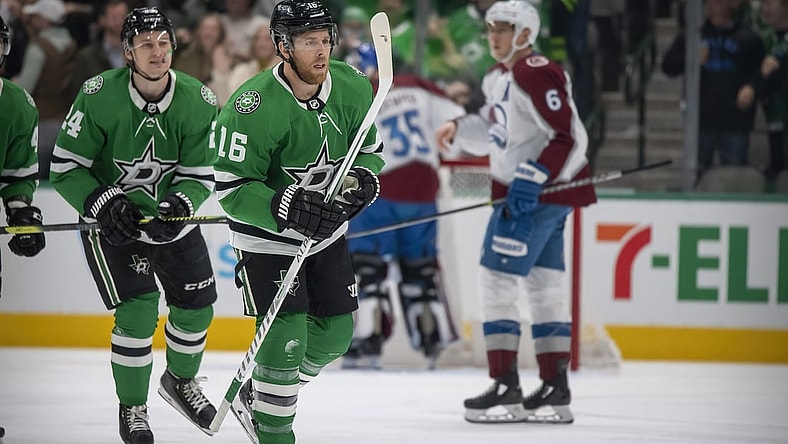 Nov 26, 2021; Dallas, Texas, USA; Dallas Stars center Joe Pavelski (16) skates off the ice after scoring a second goal against the Colorado Avalanche during the first period at the American Airlines Center. Mandatory Credit: Jerome Miron-USA TODAY Sports
