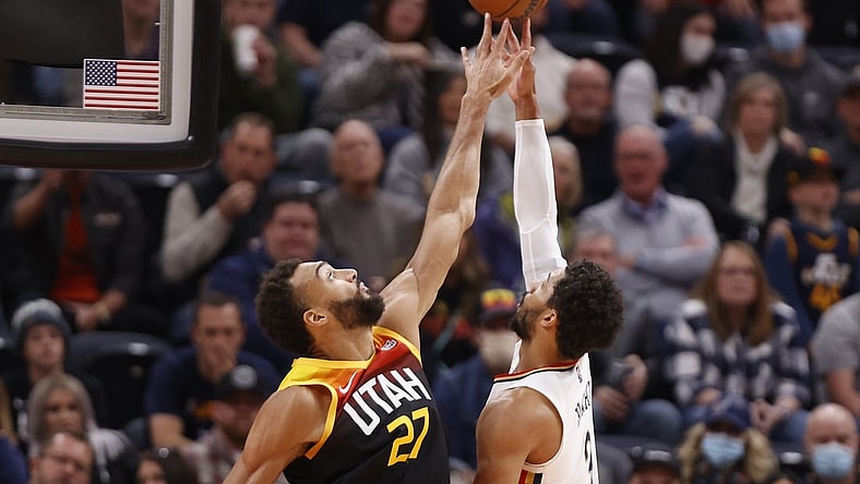 Nov 26, 2021; Salt Lake City, Utah, USA; Utah Jazz center Rudy Gobert (27) goes for the block on New Orleans Pelicans guard Josh Hart (3) in the first quarter at Vivint Arena. Mandatory Credit: Jeffrey Swinger-USA TODAY Sports