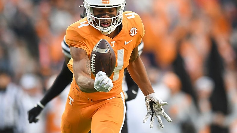 Tennessee wide receiver Cedric Tillman (4) gets his hands on the ball but it falls incomplete in the NCAA college football game between the Tennesse Volunteers and Vanderbilt Commodores in Knoxville, Tenn. on Saturday, November 27, 2021.

Kns Tennessee Vanderbilt Football