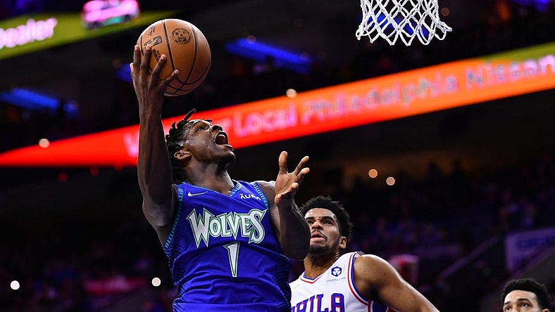 Nov 27, 2021; Philadelphia, Pennsylvania, USA; Minnesota Timberwovles guard Anthony Edwards (1) shoots the ball against the Philadelphia 76ers in the first quarter at Wells Fargo Center. Mandatory Credit: Kyle Ross-USA TODAY Sports