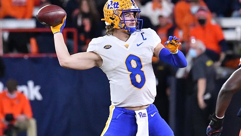 Nov 27, 2021; Syracuse, New York, USA; Pittsburgh Panthers quarterback Kenny Pickett (8) throws a pass in the second quarter against the Syracuse Orange at the Carrier Dome. Mandatory Credit: Mark Konezny-USA TODAY Sports