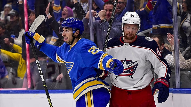 Nov 27, 2021; St. Louis, Missouri, USA;  St. Louis Blues center Jordan Kyrou (25) reacts after scoring against the Columbus Blue Jackets during the third period at Enterprise Center. Mandatory Credit: Jeff Curry-USA TODAY Sports