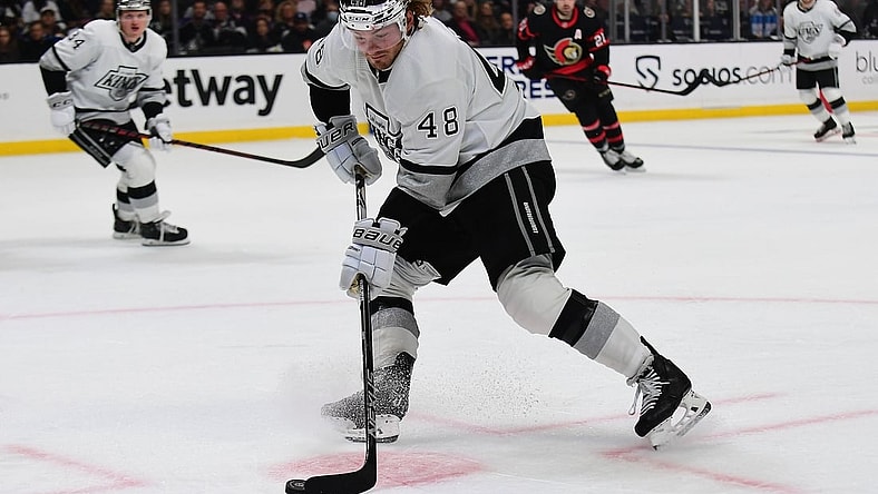 Nov 27, 2021; Los Angeles, California, USA; Los Angeles Kings left wing Brendan Lemieux (48) shoots on goal against the Ottawa Senators during the second period at Staples Center. Mandatory Credit: Gary A. Vasquez-USA TODAY Sports